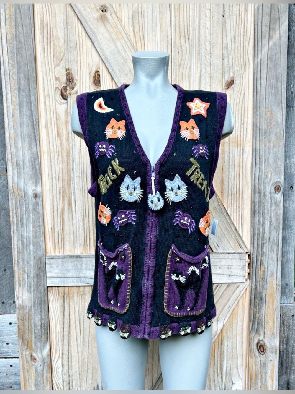 Vintage Tiara International Black Purple Kitty Cats Halloween Sweater Vest~XL~